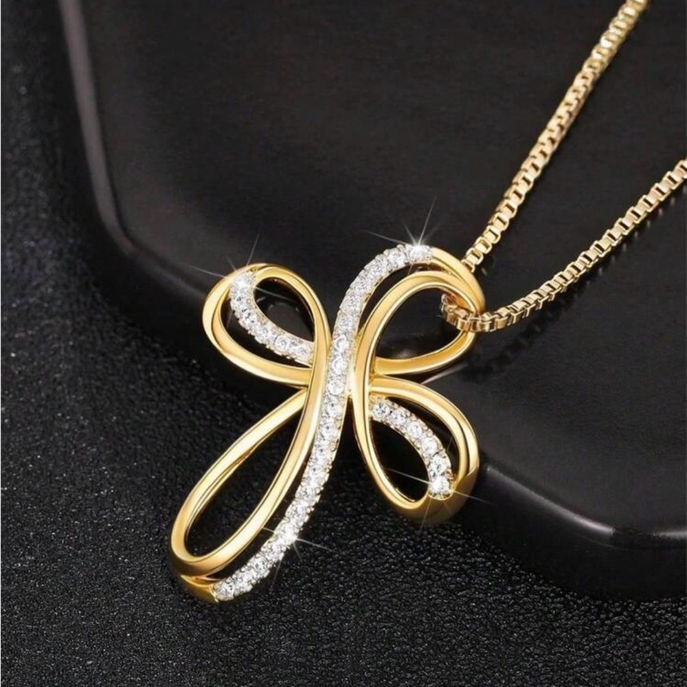 Gold Tone Cubic Zirconia Cross Necklace